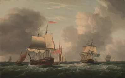 Um inglês de dois andares deitada para, com outros navios e embarcações em uma brisa fresca